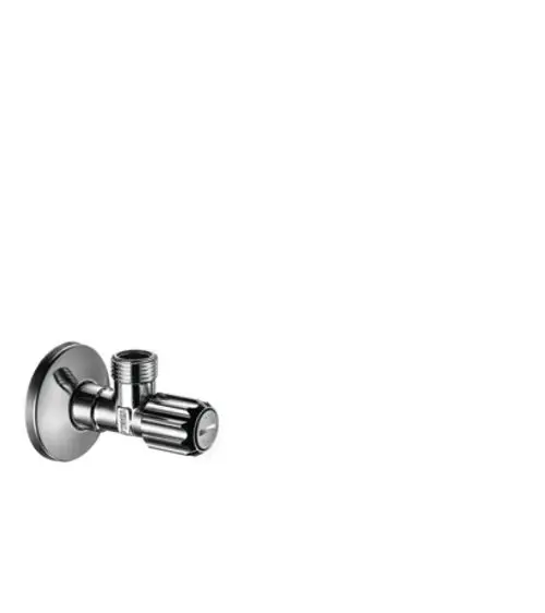 Hochwertiges Eckventil von Hansgrohe mit chromfarbener Oberfläche und einem Abgang, geeignet für die Installation in sanitären Anlagen.